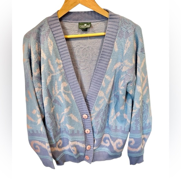 Cozy Cabin Creek Vintage Cardigan V Neck Button Up Blue & Pink Medium 90s - Picture 2 of 7